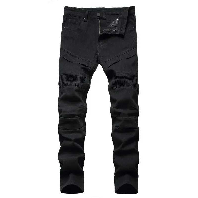 New Mens Slim Jeans White Motorcycle Trendy Casual Patchwork Denim Trousers Fashion Tight Folding Male Pants (without Belt) XJ250707