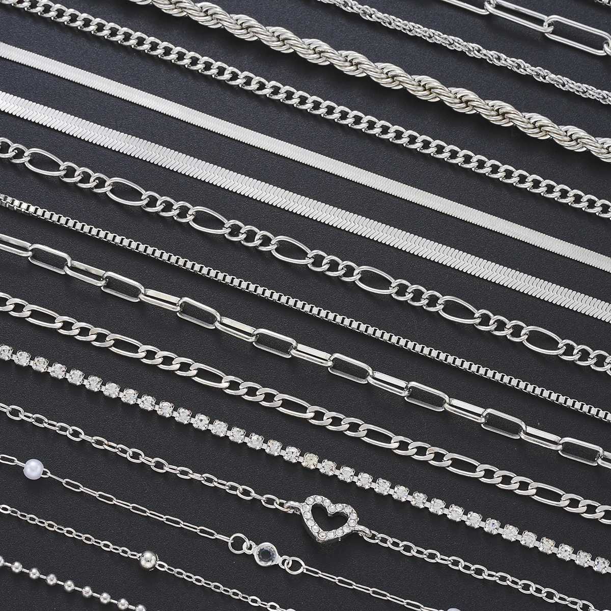 19Pcs Silver Color Multilayer Metal Simple Bracelets For Women Vintage Crystal Beads Twisted Box Snack Chain Bracelet Fashion XJ250707