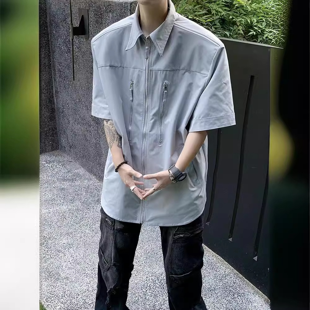 Sky Blue Fishbone Invisible Shoulder Pad Short Sleeve Shirt Design Sense High-end Cleanfit Street Style Half Designer Short Sleeves Sleeve Shirt For M