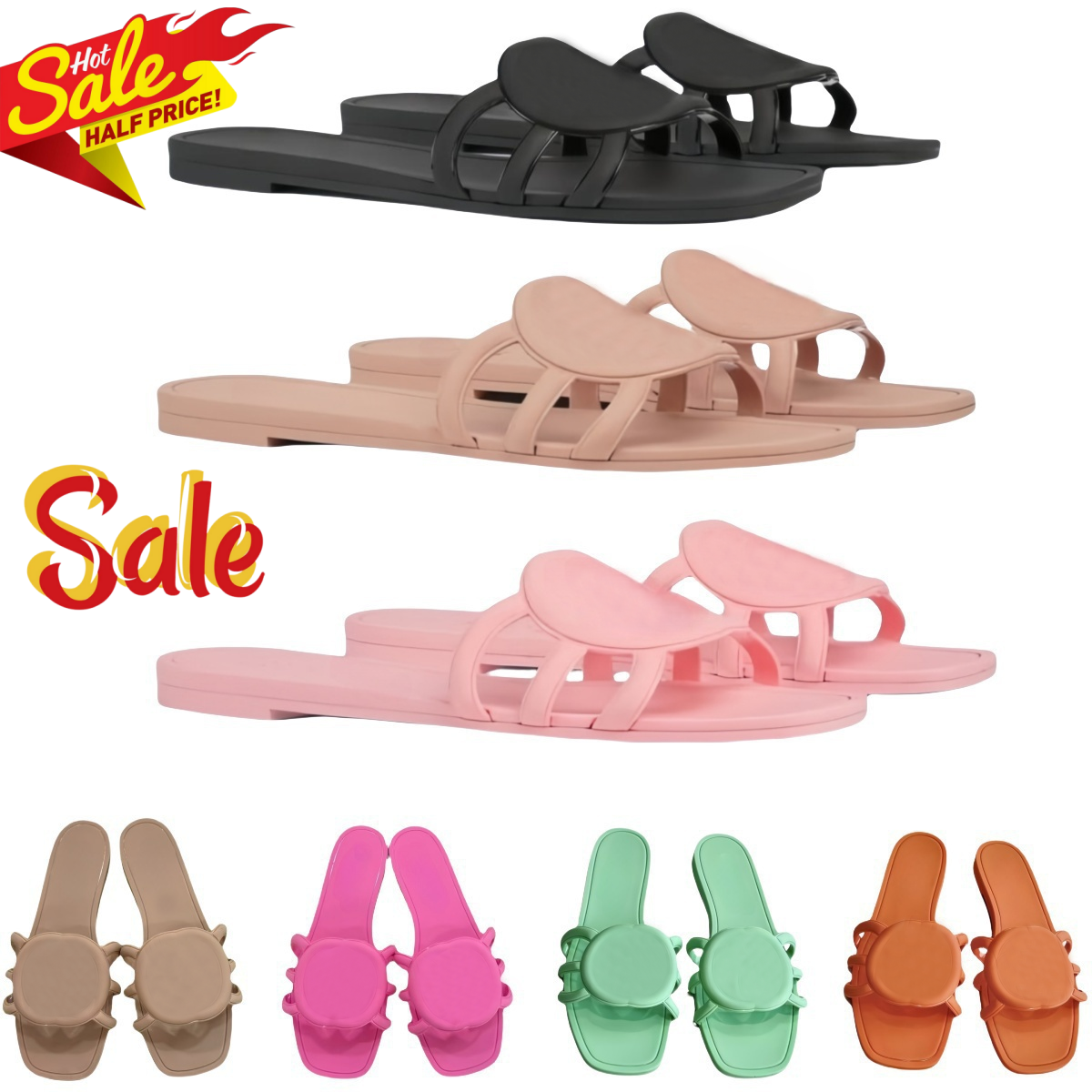 Designer Sandals Women Interlocking Slides Rubber Slippers Luxury Ladies Flat Beach Jelly Script Orange Summer Fall Mules Outdoor Waterproof US5-12