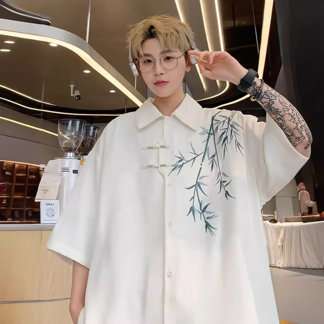 New Chinese Style National Style Short Sleeve Shirt For Men Summer Thin Trendy Brand Designer Short Sleeves Cool Oversized Bamboo Embroidery Loose Hal