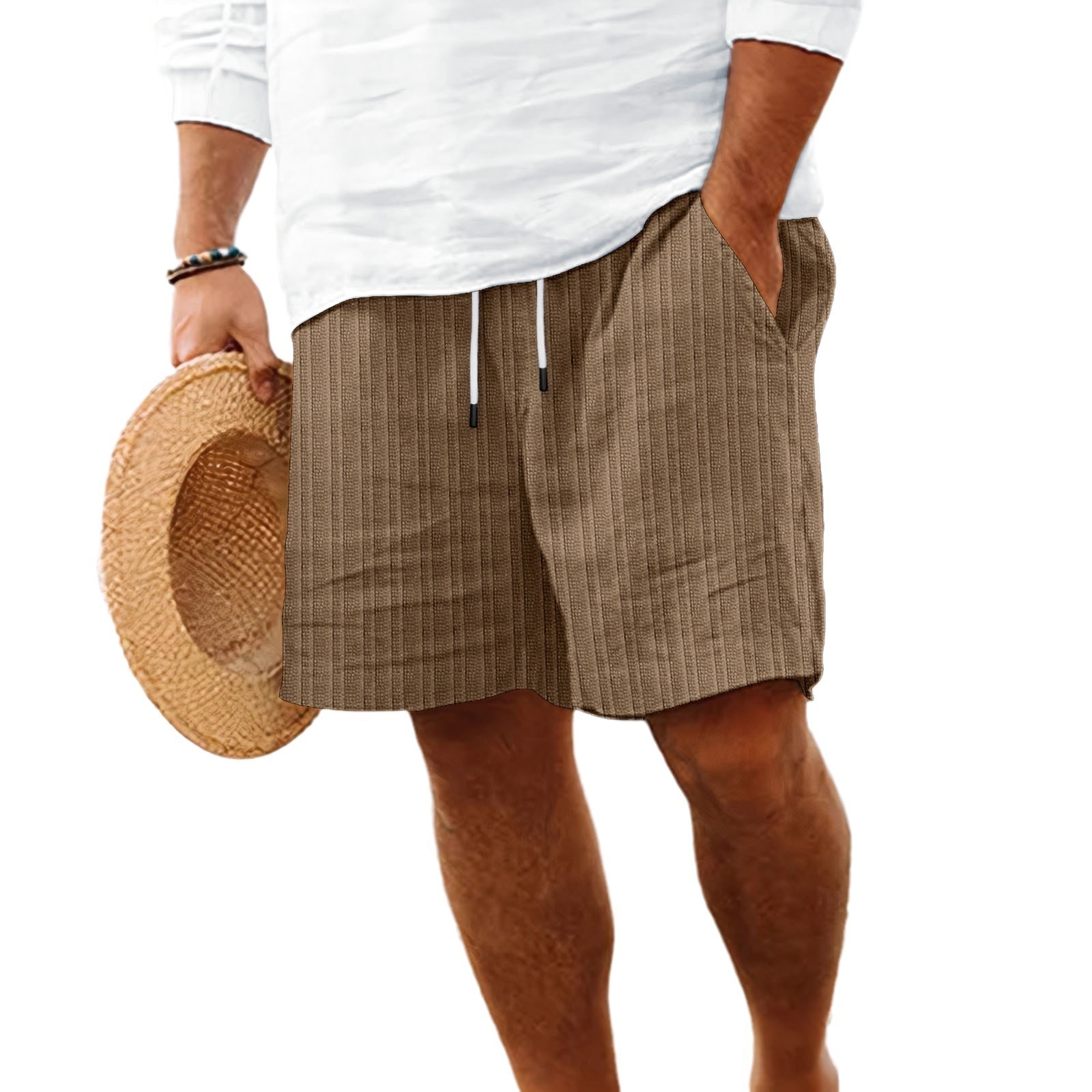 Designer Fashion Trend Free Shipping New Cotton And Linen Shorts With Multiple Pockets And Drawstring Men's Striped Beach Shorts