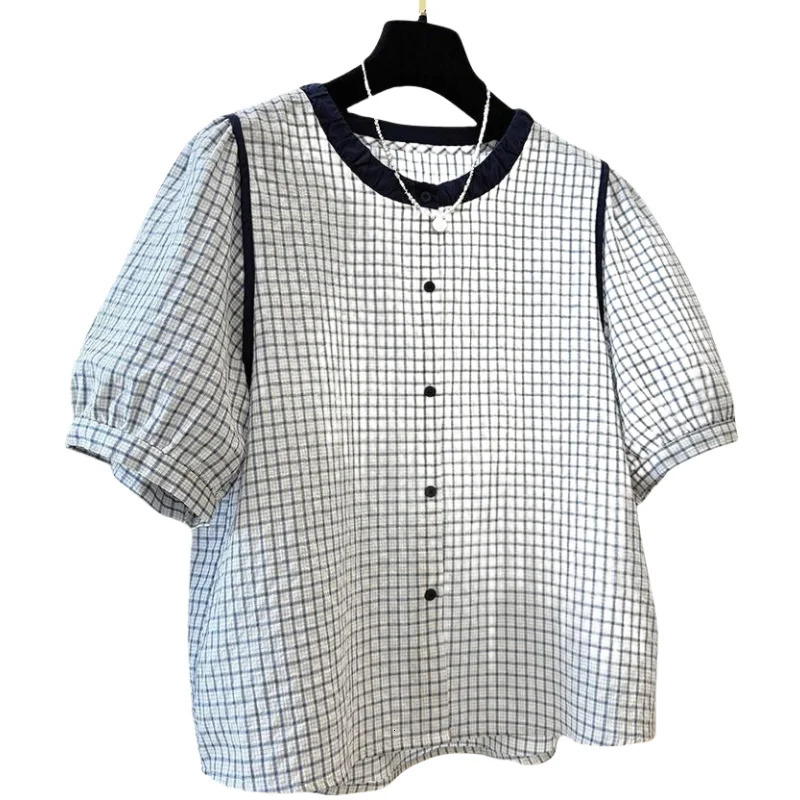 Womens Y2K Short Sleeve Plaid Button Down Shirt Blouses Tops Casual Summer 90s Streetwear w250704