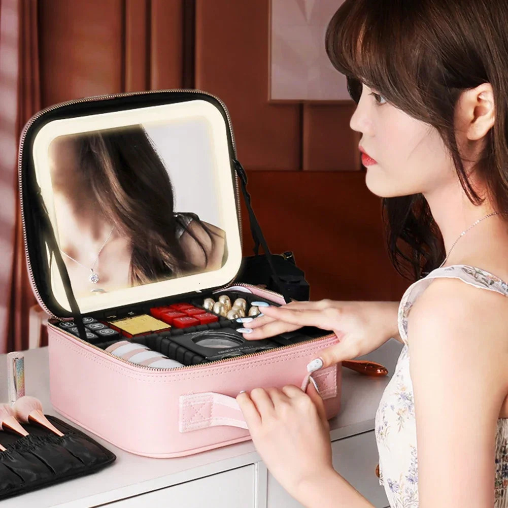 Women Smart LED Cosmetic Case with Mirror Cosmetic Bag Large Capacity Fashion Portable Storage Bag Travel Makeup Bags for ladies 250701