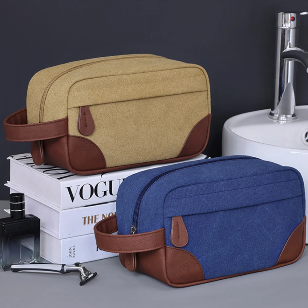 Large Capacity Leather Canvas Men Wash Shaving Women Toiletry Storage Waterproof Makeup Travel Organizer Retro Cosmetic Bag 2025 250701