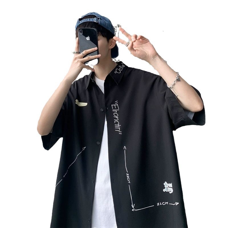7/10 Sleeve Shirt Men's Fashion Cool Ins Trendy Brand Hong Kong Style Ice Silk Summer Thin Short Designer Short Sleeves Sleeve Minimalist High-en