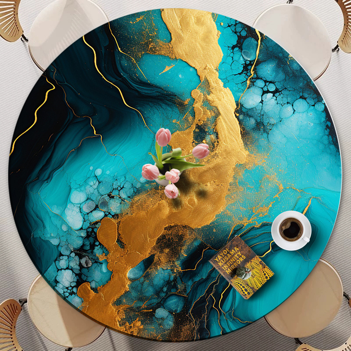 Marble pattern round all-inclusive table cover tablecloth printed dining table round tablecloth dustproof and waterproof elastic dining P5MM01