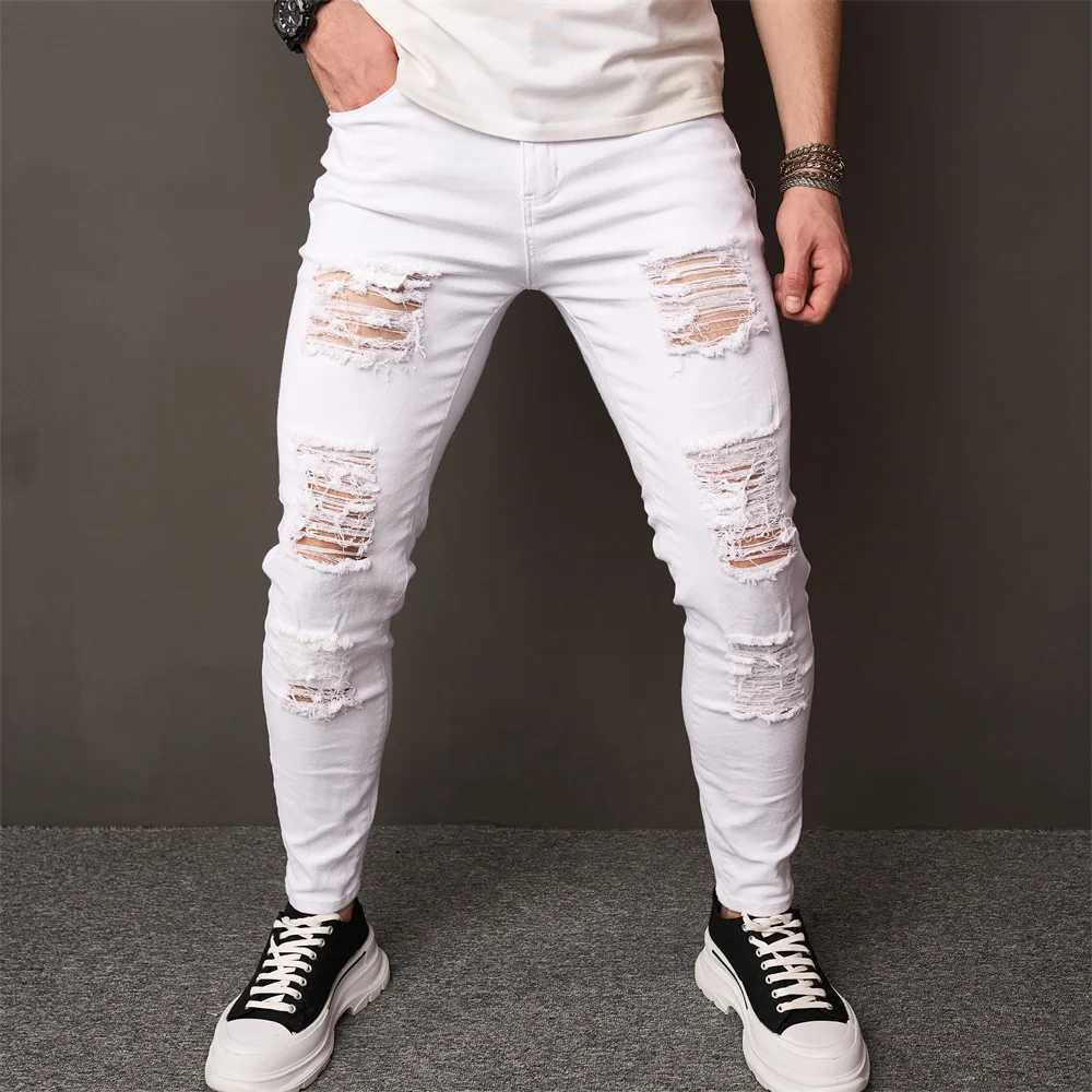 Streetwear Holes Skinny Jeans Stylish Men Stretch Slim Trousers Distressed Ripped Solid Male Casual Pencil Denim Pants XJ250707