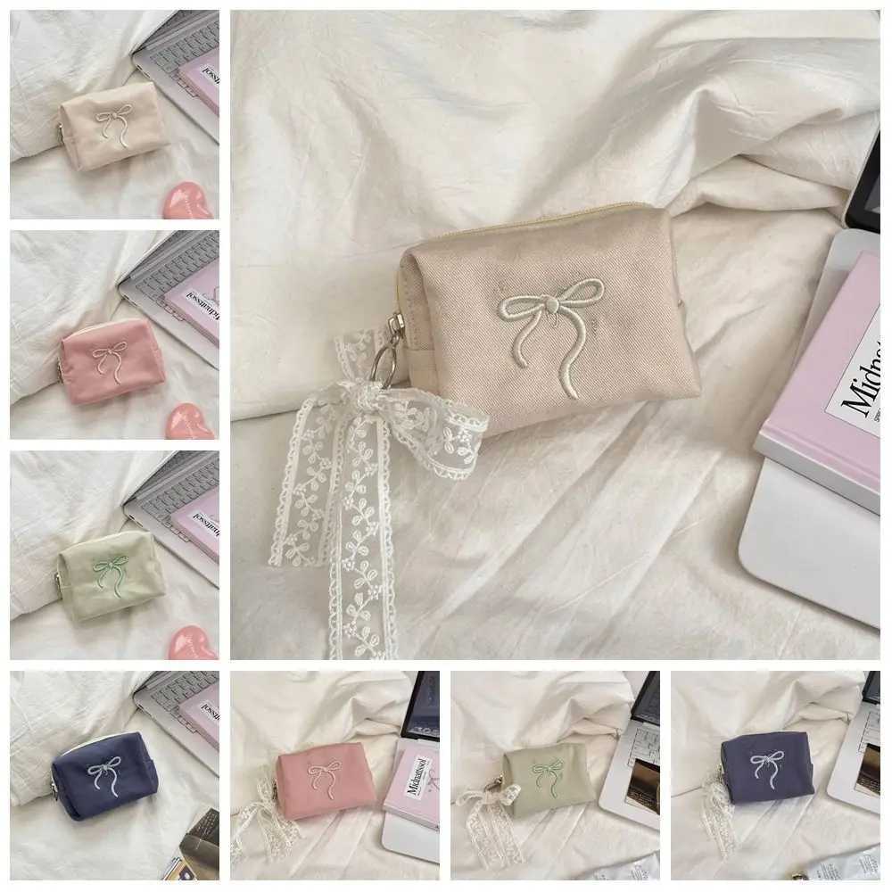 Portable Bow Coin Purse with Lace Ribb Korean Style Cute Zero Wallet Soft Zipper Pouch Sanitary Napkin Storage Bag Earphe Y250707