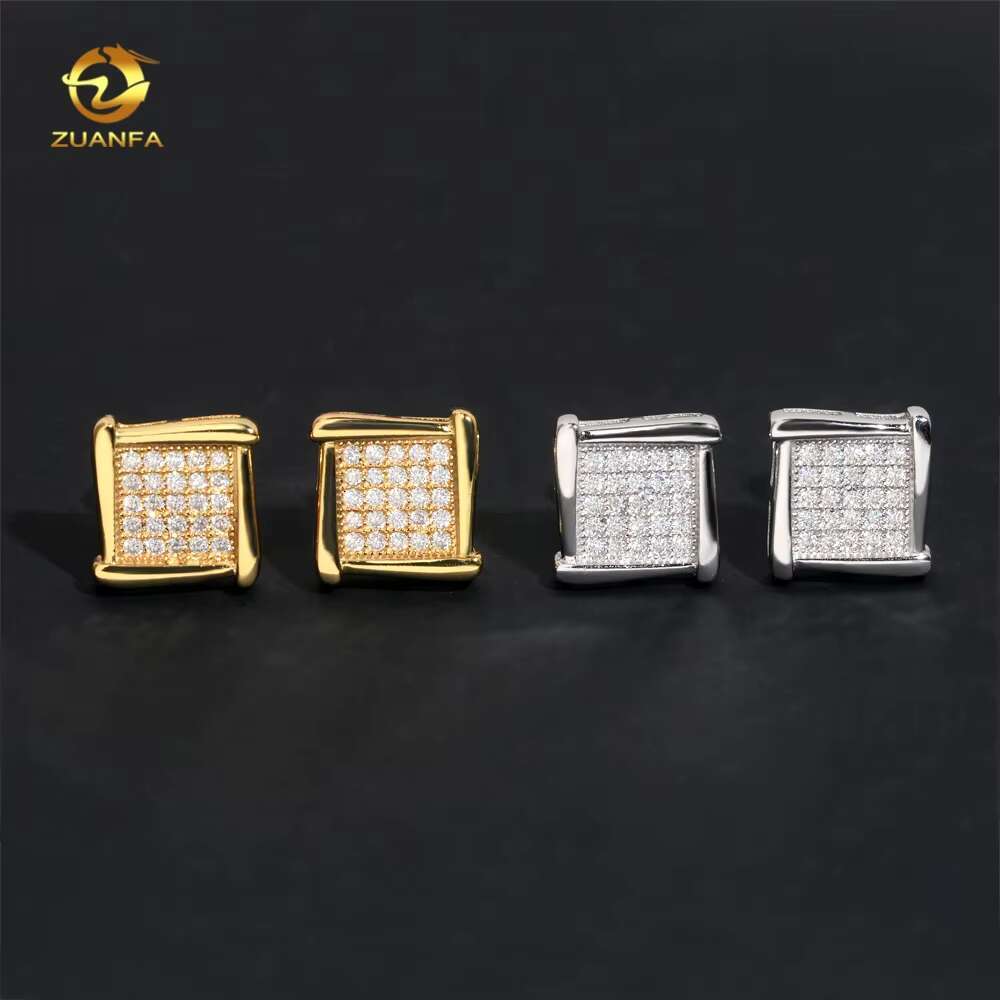 925 Silver Jewelry Square Stud Iced Out Hip Hop Diamond Moissanite Earrings for Men