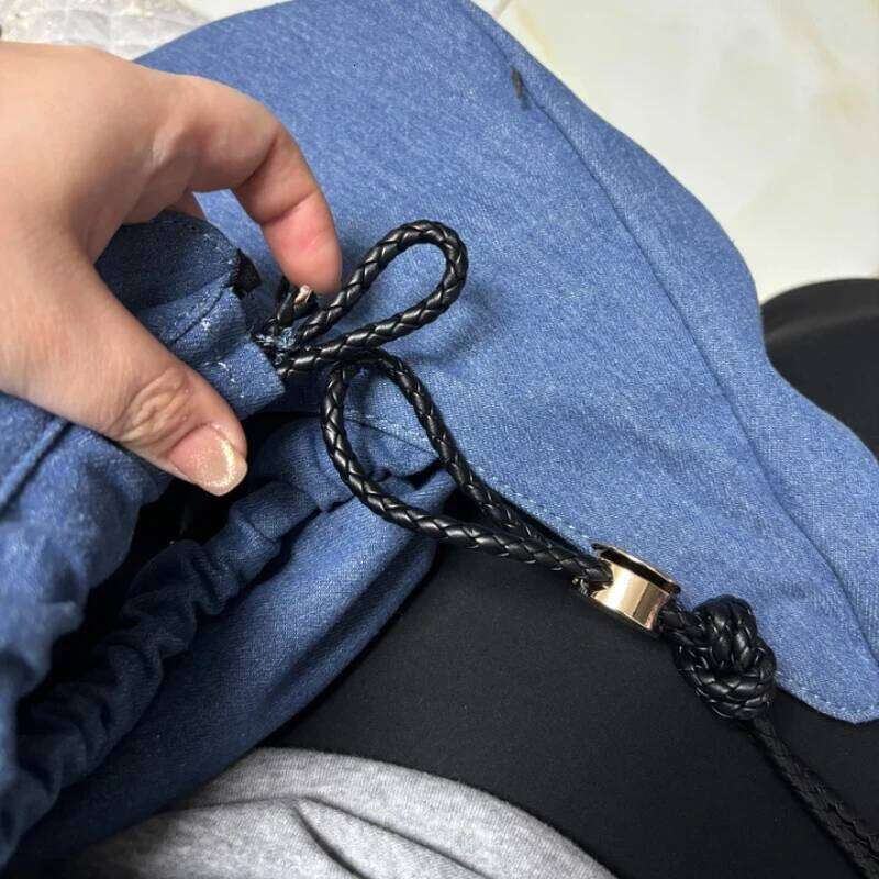 Designer Luxury Large Capacity Shopper Women High Quality Blue Denim Black Woven Drawstring Tote Fashion Show Style Casual Shoulder Bag