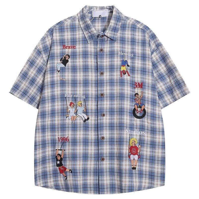 Designer Short Sleeves American Retro Plaid Short Sleeve Shirt For Men, Summer Thin Loose Cartoon Embroidery Shirt With Design Sense, Couple Half Slee