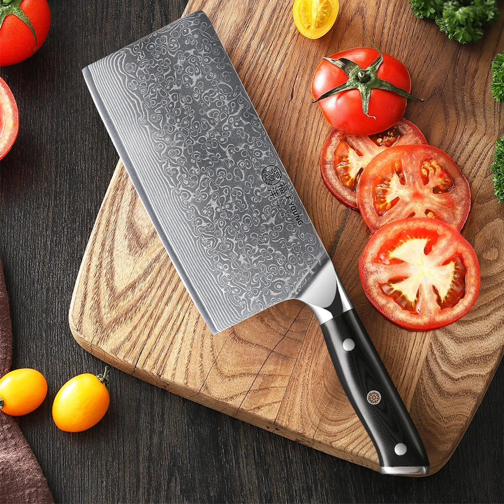 F.YOUNG 7 Chinese Cleaver Knife Japanese Damascus Steel Knife Chef Kitchen Vegetable Meat Slicing Utility Cooking Accessories 250703