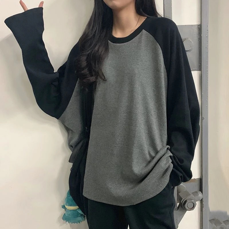 Female T-shirt Grey O Neck Contrast Color Long Sleeve T Shirt Loose Autumn Tee Tops for Women Shirts Patchwork 250703