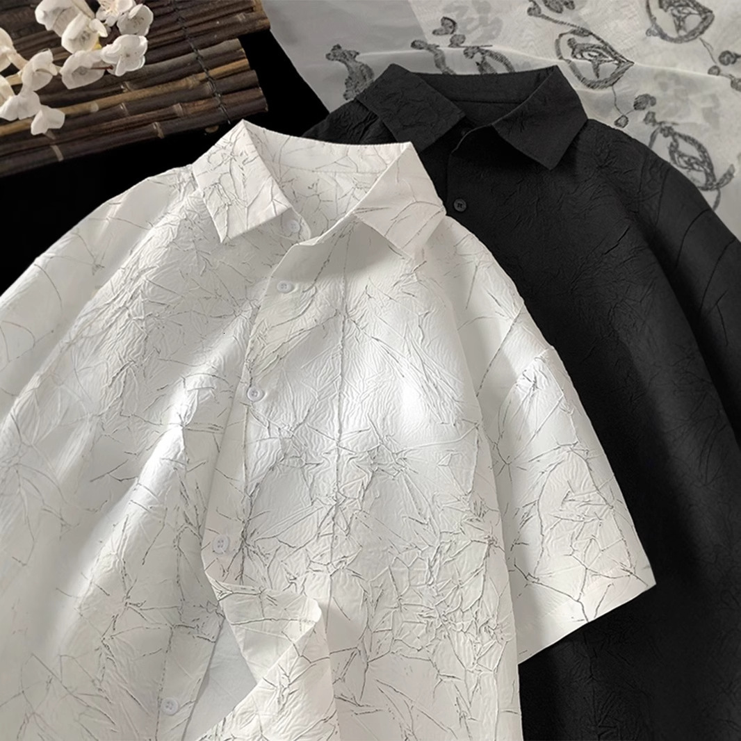 Pleated Ice Silk Short Sleeve Shirt For Men, Summer Thin Designer Short Sleeves Cool Trendy Handsome High-end Casual Fashion Shirt Jacket