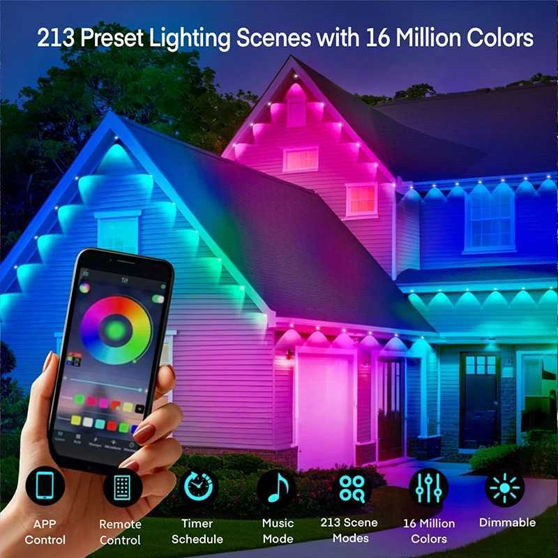 15M-90M RGB Eaves LED Lights Permanent Outdoor Light String APP Bluetooth Strip Scene Modes Full House Christmas Wedding Light W250701