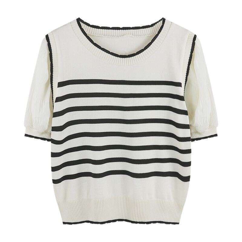 French Style Patchwork Striped Fake Two-Piece Knitted Sweater For Women Summer New Age-Reducing Stylish Puff Short Sleeve T-Shirt Top B5