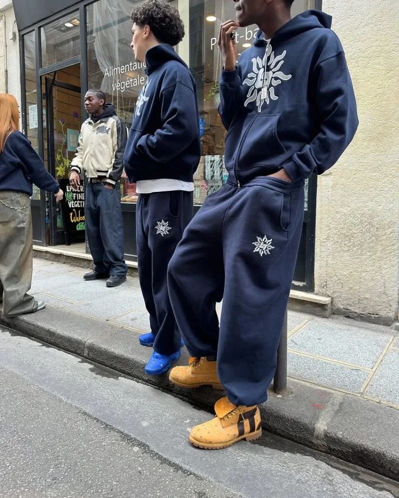 Retro Gothic Punk Trendy Pattern Letter Oversized Hoodie Men Y2K High Street Clothing Long Sleeve Loose Dark Blue Zipper Hoodie 250707