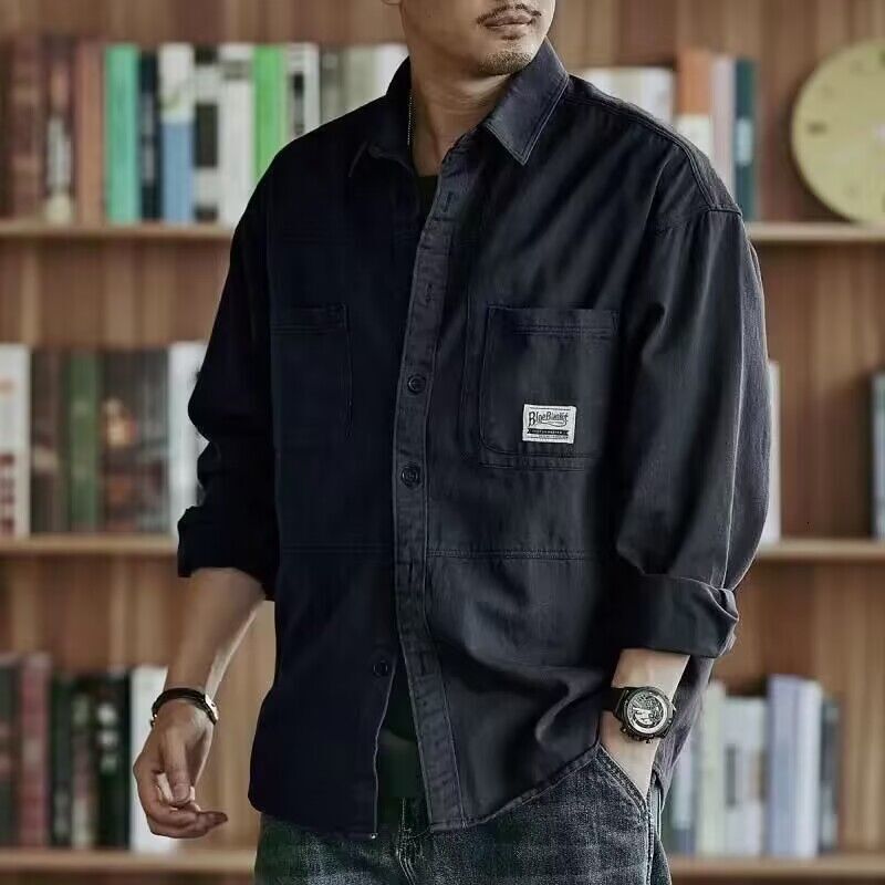 Washed Workwear Shirt Men Long Sleeve Autumn Japanese Style Cool Hong Kong Trendy Designer Short Sleeves Brand Casual Jacket Men Spring Autumn Style