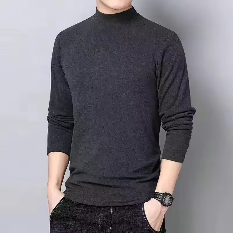 Warm Fleece Lined Mid-high Collar T-shirt For Men 2025 New Autumn Winter Thermal Base Shirt Ins Style Versatile Designer Short Sleeves Long Sleeve Top