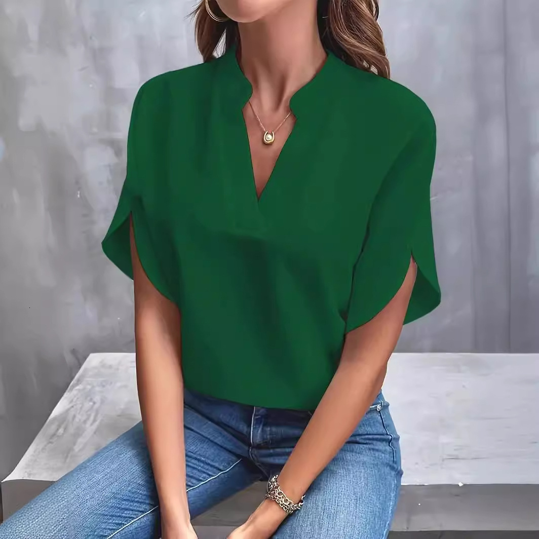 Designer Fashion Trend Free Shipping Plus Size Foreign Trade Women's Clothing 2025 Summer Casual Solid Color V-neck Loose Shirt Top for Women