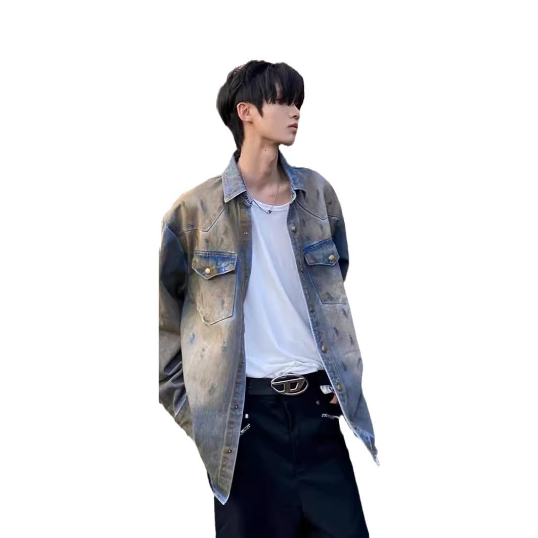 American Retro Tie-dye Distressed Designer Short Sleeves Denim Shirt For Men, National Trend Vintage Wasteland Style Men's Long Sleeve Shirt Jack