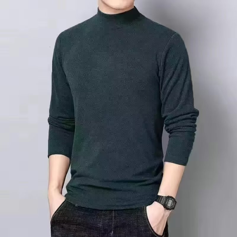 Warm Fleece Lined Mid-high Collar T-shirt For Men 2025 New Autumn Winter Thermal Base Shirt Ins Style Versatile Designer Short Sleeves Long Sleeve Top