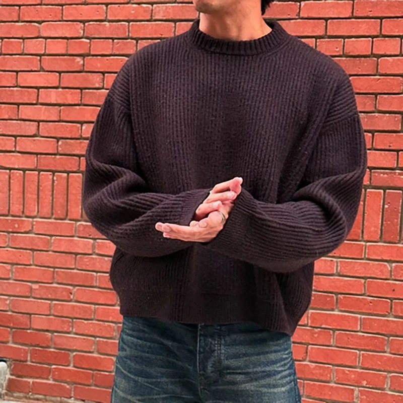 Fashion Solid Color Knitwear Pullover Vintage Aesthetics Streetwear Hip Hop Men Y2K Clothes Acrylic Knitted Sweater Loose Casual 250703