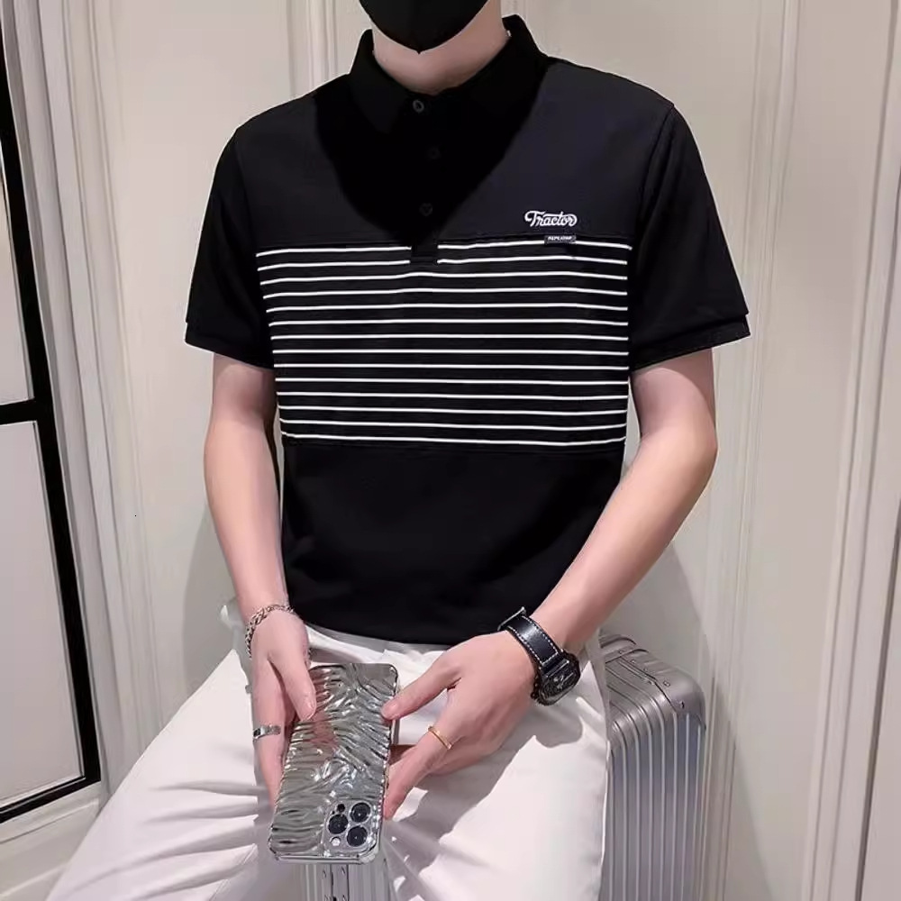 Short Sleeve Men's Polo Shirt Trendy Brand Summer New Striped Patchwork Turn-down Collar T-shirt Stylish Versatile Half Sleeve Designer Short Sle