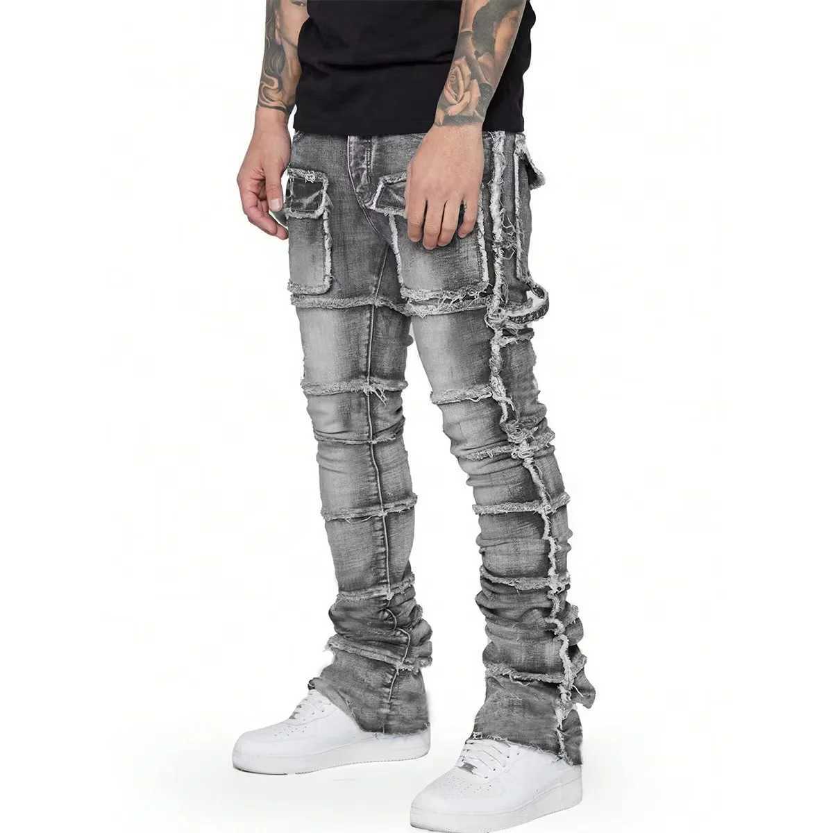Mens New Wave Stacked Jeans Worn-Out Slim Fit Straight Leg Jeans Fashionable Hip-Hop Denim Pants Casual Streetwear XJ250707
