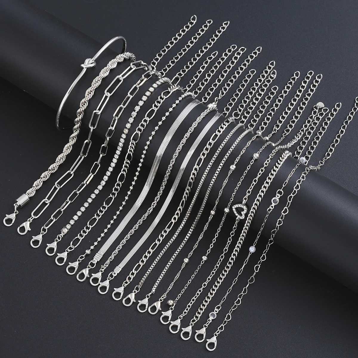 19Pcs Silver Color Multilayer Metal Simple Bracelets For Women Vintage Crystal Beads Twisted Box Snack Chain Bracelet Fashion XJ250707