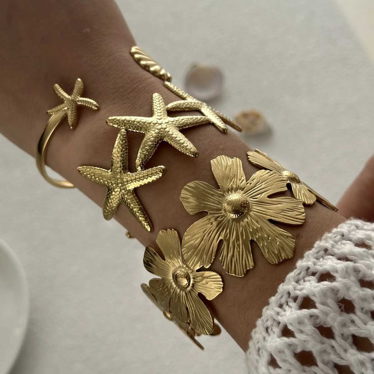 Exaggerated Metal Shell Starfish Flower Bangles Bracelets For Women Men Stainless Steel Fish Bow Heart Open Cuff Bangle Jewelry XJ250707