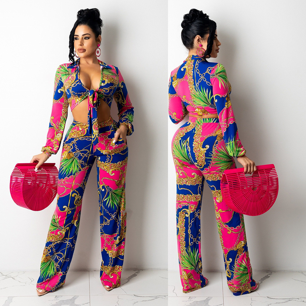 Echoine Women Autumn Print Condole Belt Crop Top Pencil pants 2 Pieces Set Nghtclub Party Sexy Slim Temperament Elegant Outfits 240809