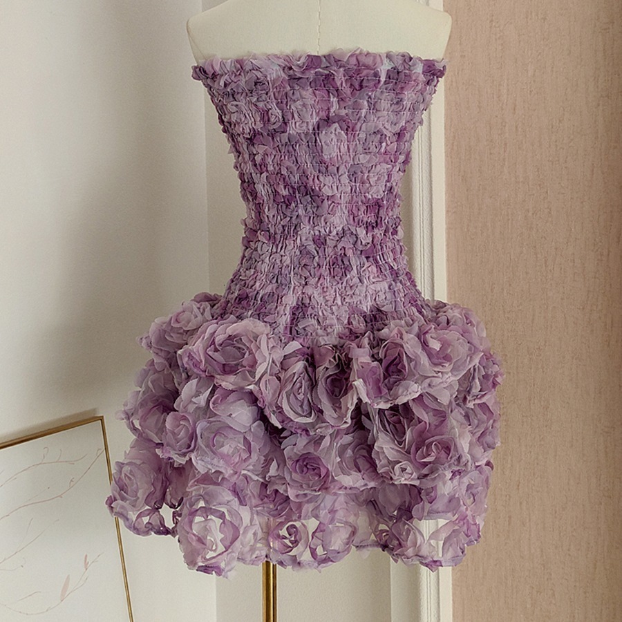 Summer Sexy Short Dress with 3D Floral Design Slim Fit Fashionable Sleeveless Tube Dress for Women 250707
