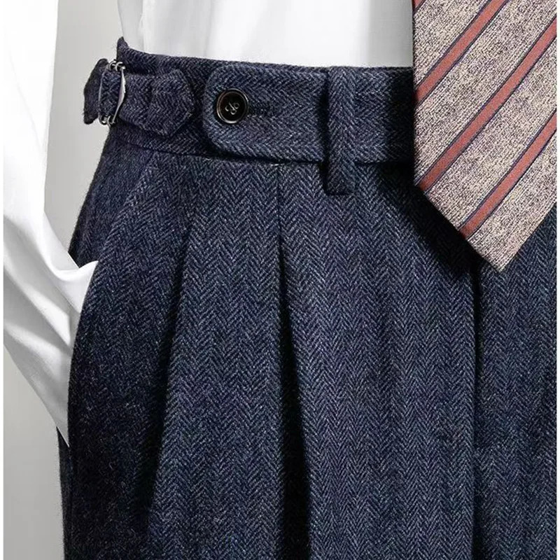 Fashion Naples Suit Pants Men England Style High Waist Business Straight Slim Trouser Autumn Winter Woolen Vintage Gurkha Pant 250707