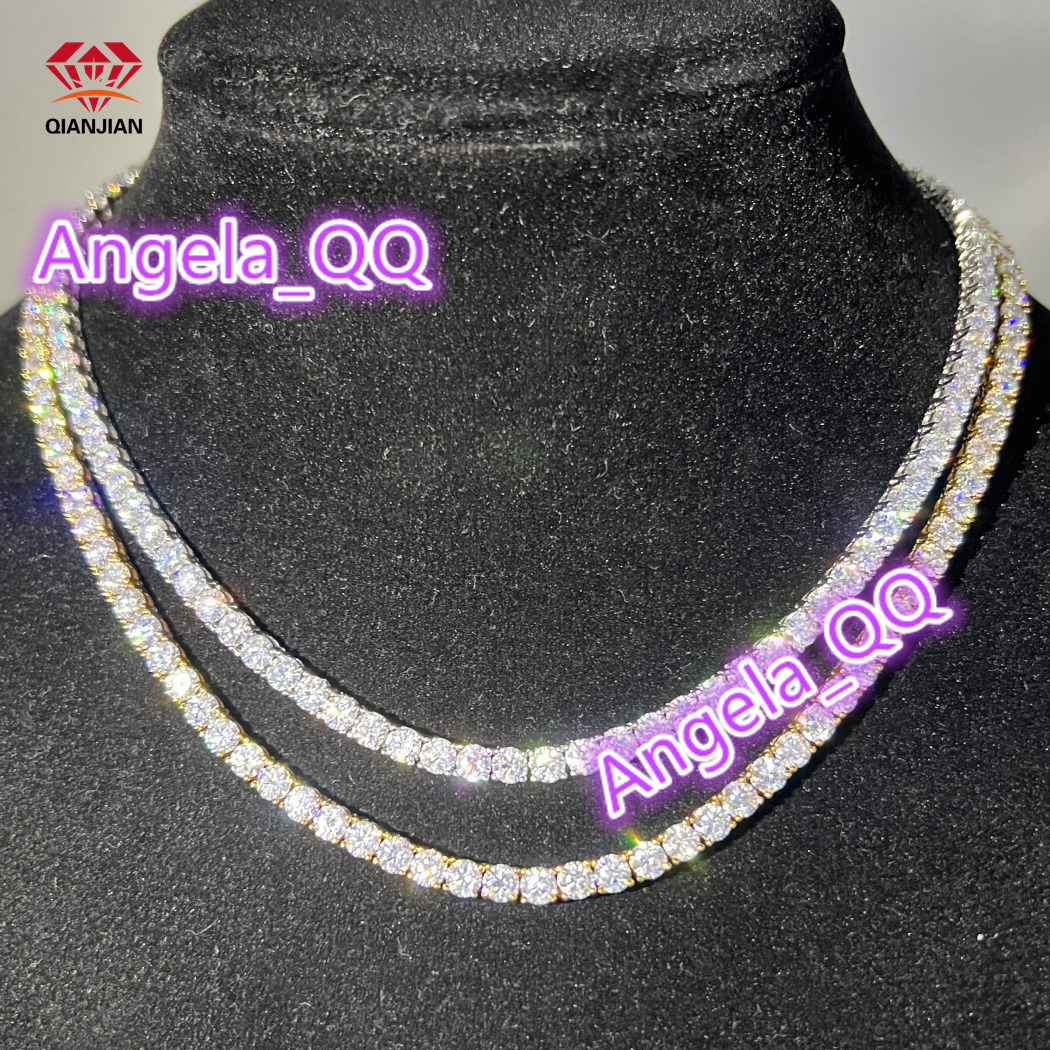 Qianjian Direct Factory Sale 925 Silver Tennis Link Necklace with D VVS Moissanite Diamond 3-5mm Iced Link Chain