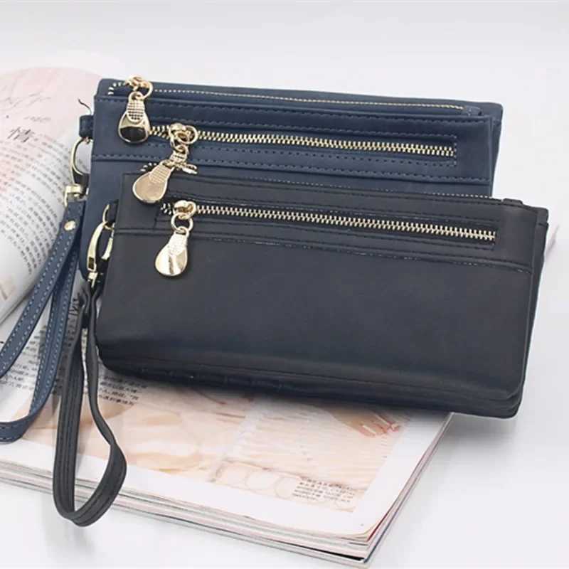 Large Capacity Wens DL Polish Leather Wallet Double Zipper Cluh Wristlet Purse Phe Coin Card Holder Multi-pocket Wallet Y250707