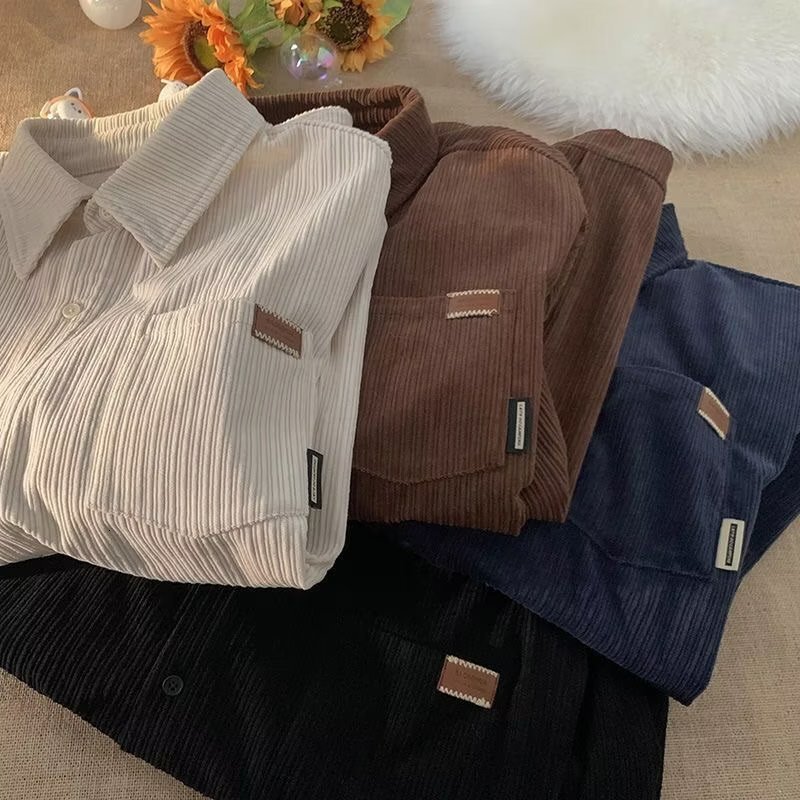 Spring And Autumn Designer Short Sleeves Corduroy Long Sleeve Shirt For Men, Trendy Loose Fit, American Retro Style, High-end Feel, Men's Shirt J