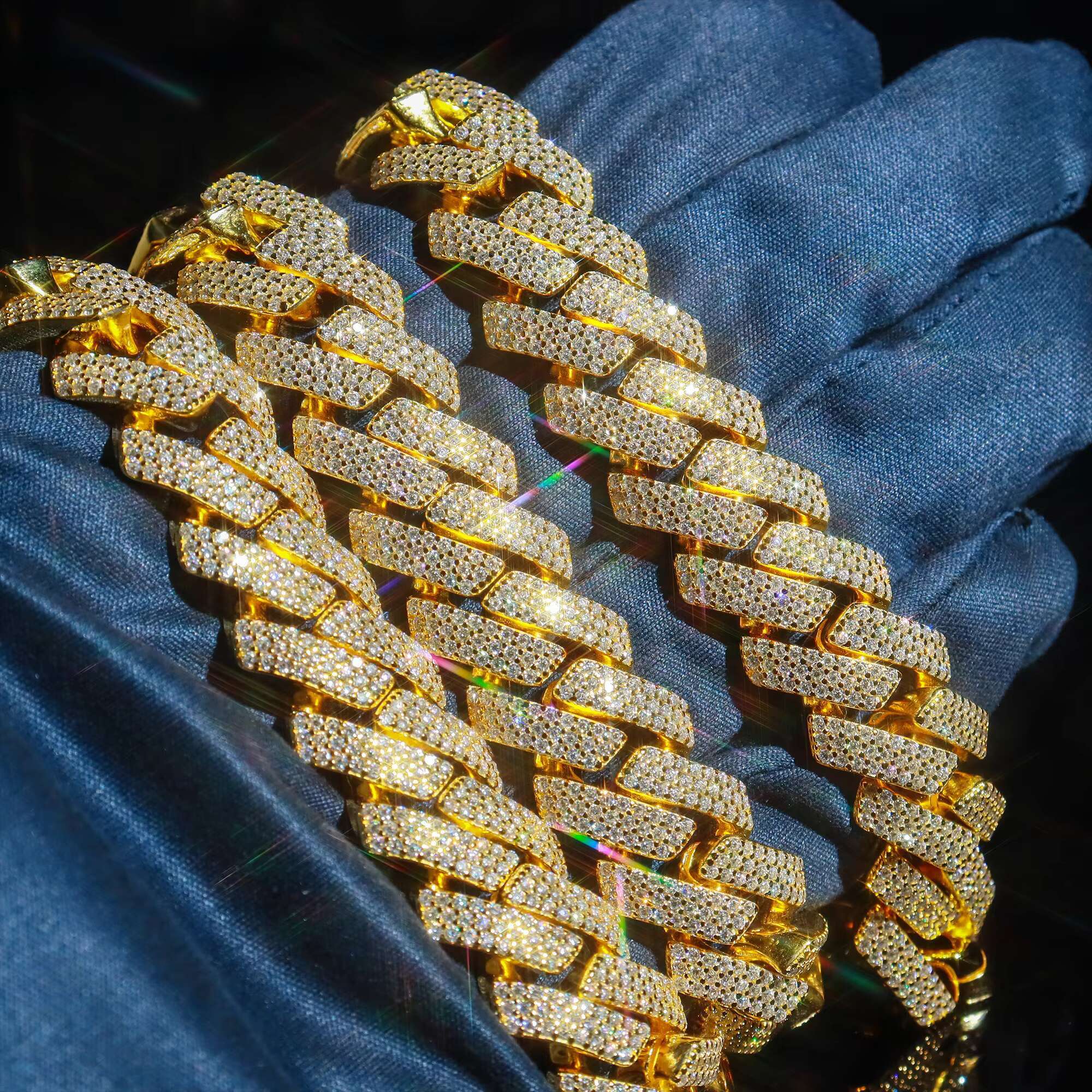 Trend Hiphop Jewelry Custom Luxury Length 15mm Gold Plated 3 Row Round VVS D1 Moissanite Diamond Cuban Link Chain Necklace