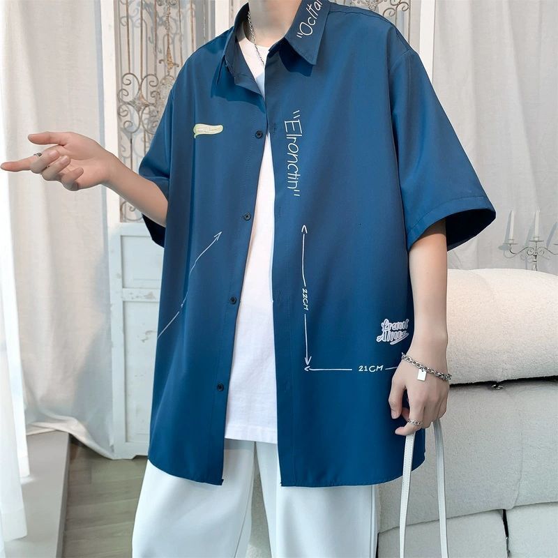 7/10 Sleeve Shirt Men's Fashion Cool Ins Trendy Brand Hong Kong Style Ice Silk Summer Thin Short Designer Short Sleeves Sleeve Minimalist High-en