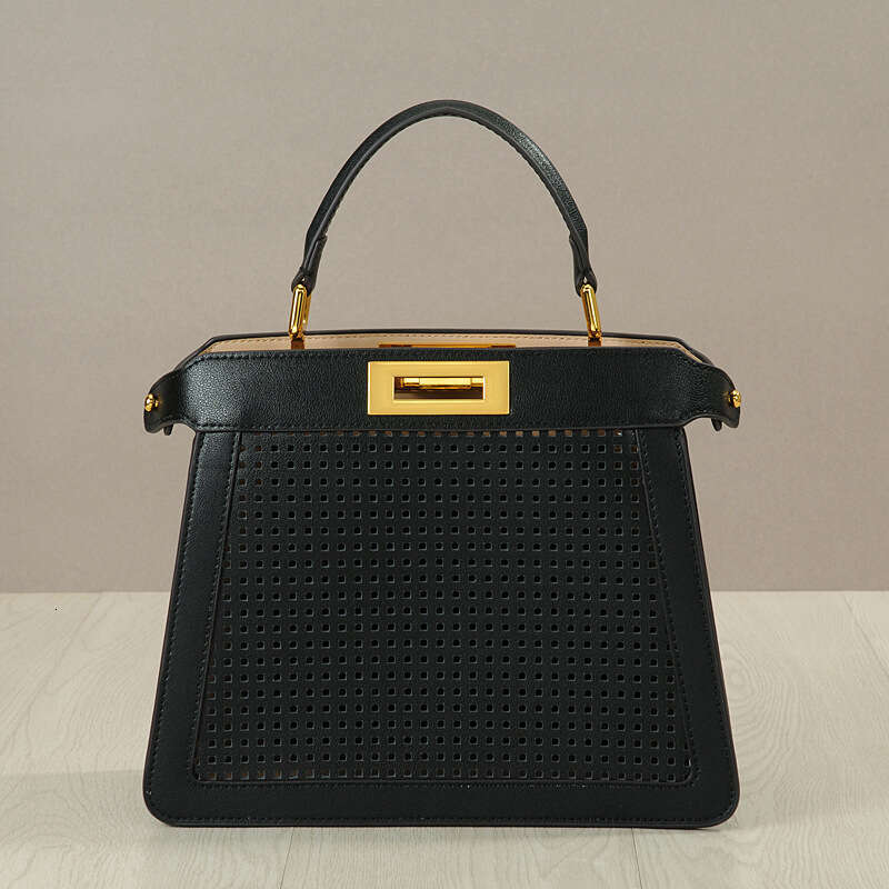 Leather Bag Bucket Bag New Style Wind Organ Cowhide Women S Hollow Cat Handbag Twist Lock Tote Handheld Shoulder Bag Trendy Tote Bag