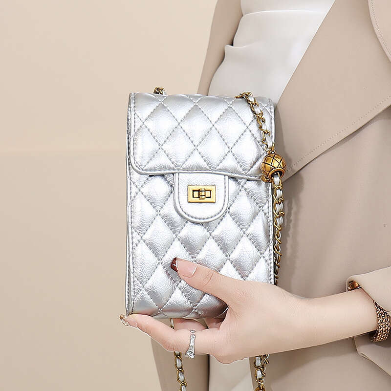 Single shoulder crossbody mini bag 2025 new leather tassel hardware ball diamond grid chain mobile phone bag