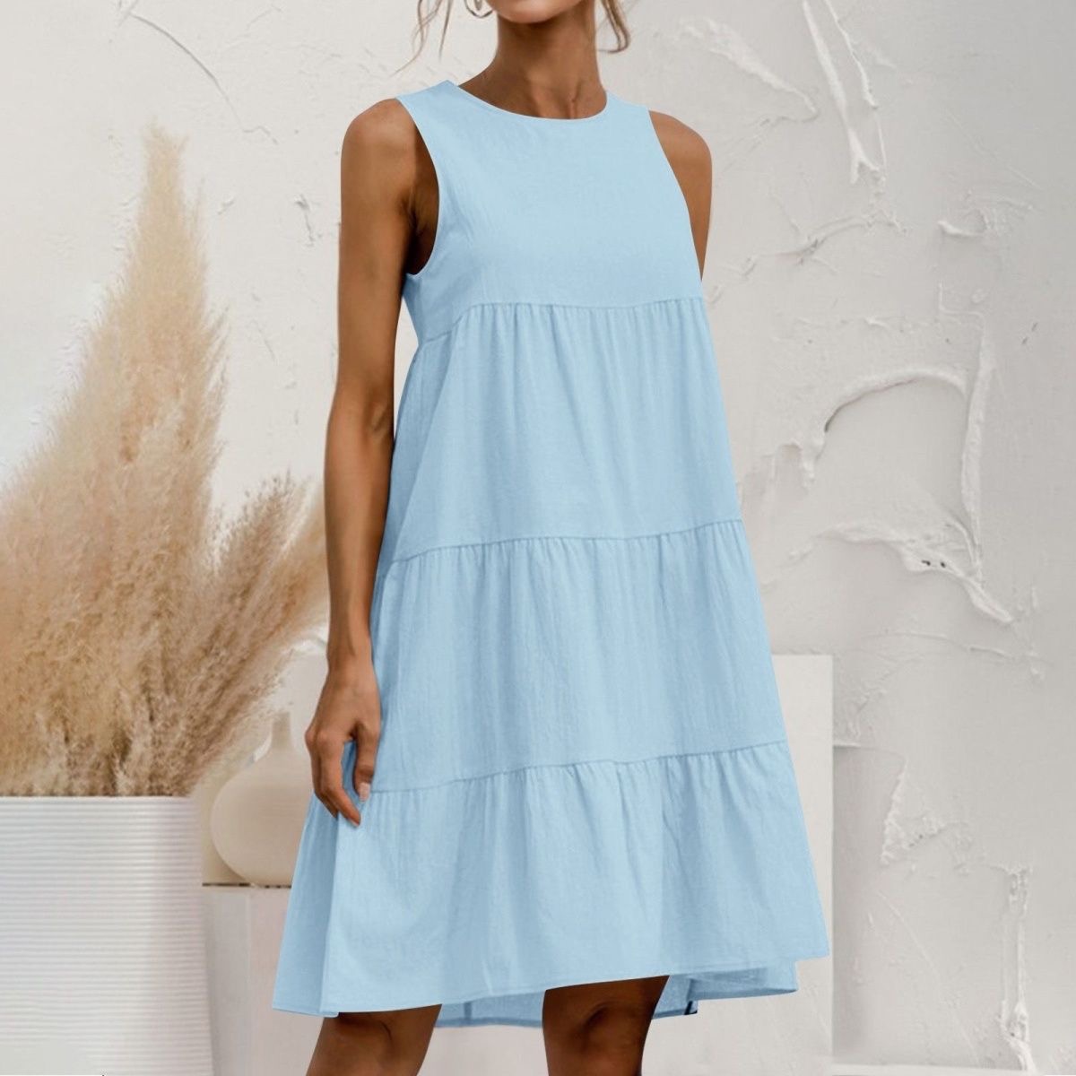 G7220New European and American spring and summer solid color round neck loose sleeveless pocket dress