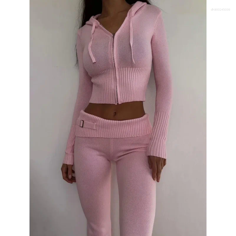 Women's Tracksuits Taruxy Women Spring Outfits Casual Zipper Sweater Hoodie Set High Waist Flare Pants Suits Pink Knitted Womens Y2k