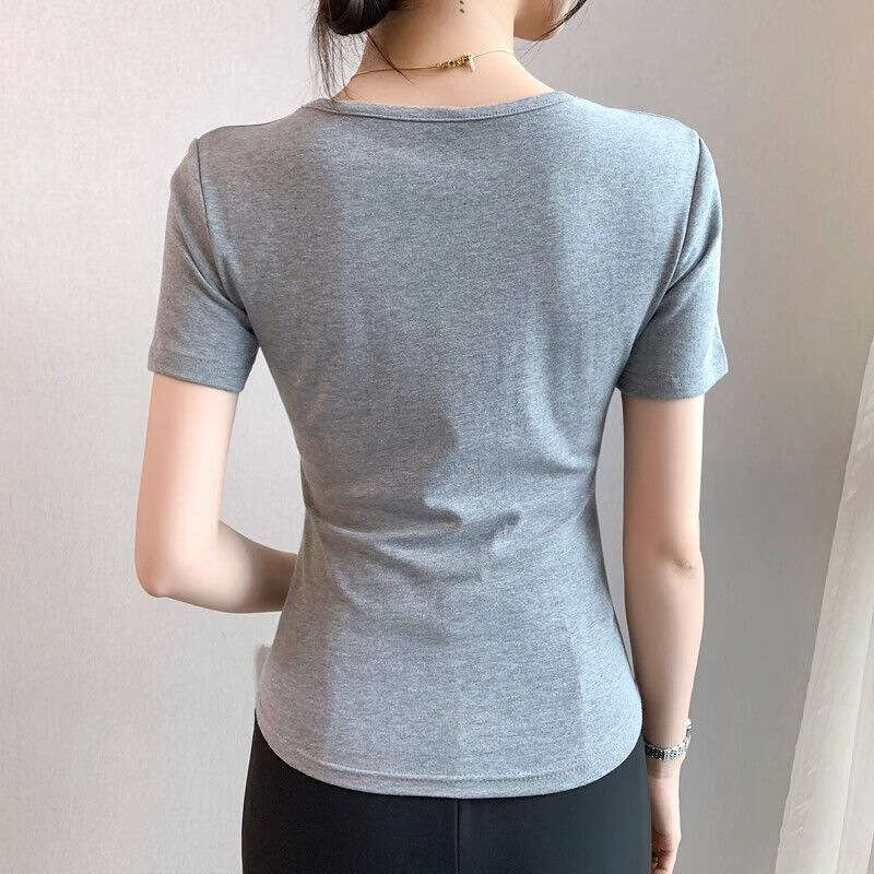 Fake Two-Piece Color-Block Regular Shoulder Short Sleeve T-Shirt For Women Summer New Design Slim Fit U-Neck Base Shirt B5