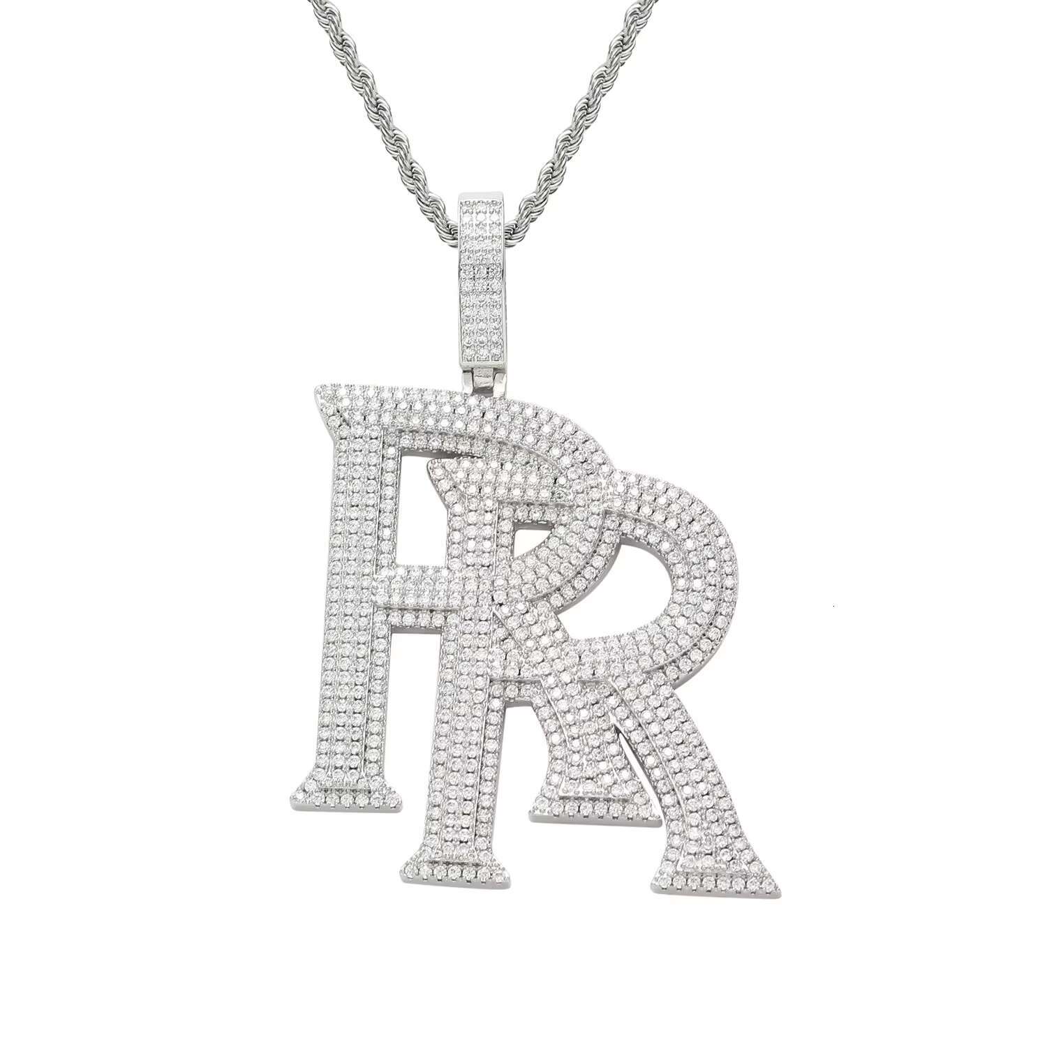Plated Fashion Gold Pendant Necklace Hip Hop Style RR Shape Brass with Iced Out Moissanite on Rope Chain for Anniversary OACOCA
