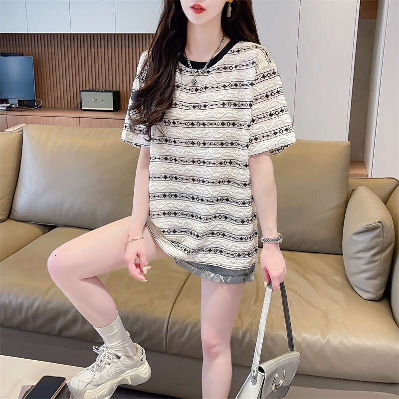 Striped Round Neck T-Shirt For Women Summer New Korean Style Loose Slimming Mid-Length Short Sleeve Plus Size Women's Clothing B5