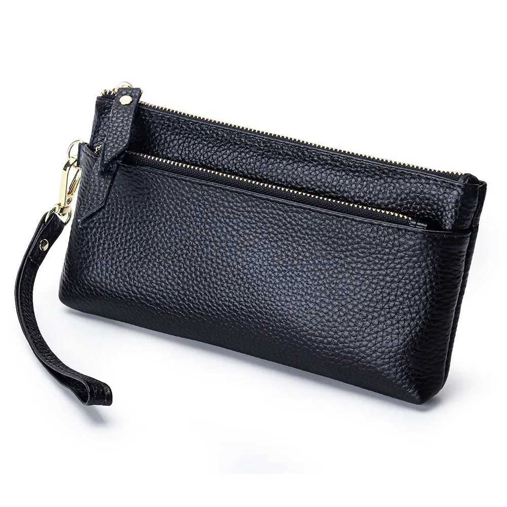 100% Genuine Leather Clutch Bag Portable Storage Bag Casual Purse with Zipper Wristlet Wallets for Women Large Capacity Cell Phone Bag Y250707