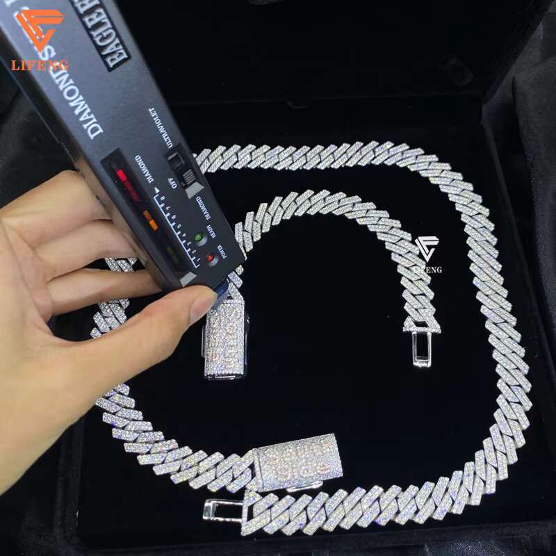 Iced 14mm 2-Row White Gold Plated Hip Hop Style Solid 925 Silver Rapper Cuban Link Chain Necklace Moissanite Diamond Necklace