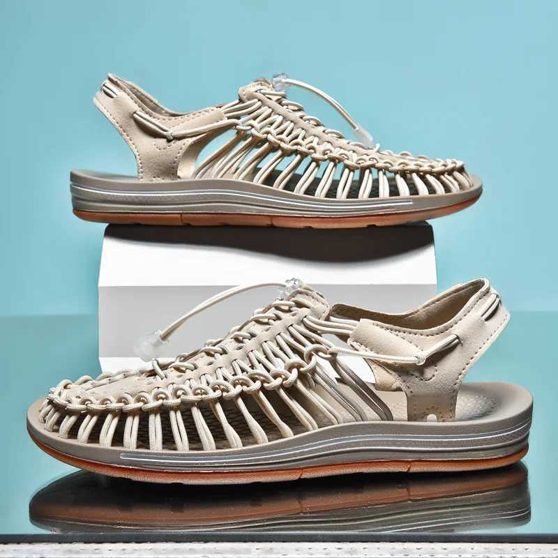 Summer Men Sandals Fion Handmade Weaving Design Beach Sandals Breathable Casual Flat Sandals Outdoor Couples Sandals Size 48 Y250707
